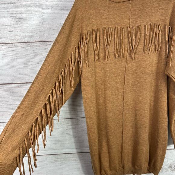 Promesa Women's Tan Mustard Wool Blend Cowlneck Fringe Back Sweater Dress - Picture 4 of 9